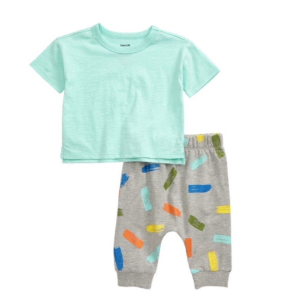 Open Edit Boxy T-Shirt and Jogger Pants Set Green Grey Stroke Organic Cotton New